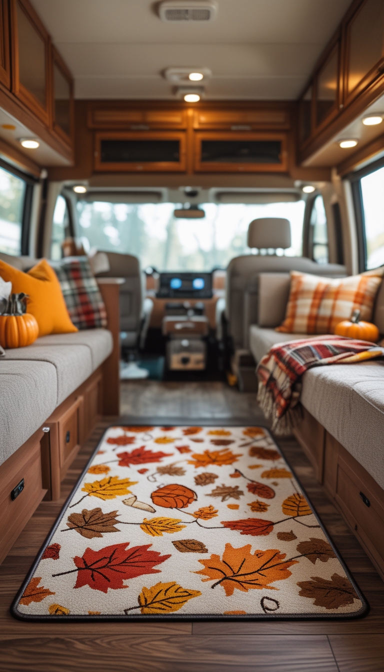 An autumn-themed area rug inside an RV with fall decorations and cozy seating.