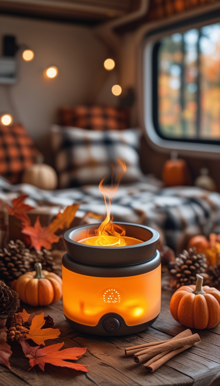 Cordless wax melt warmer glowing on a wooden table surrounded by autumn decorations inside a cozy RV with fall foliage visible outside.