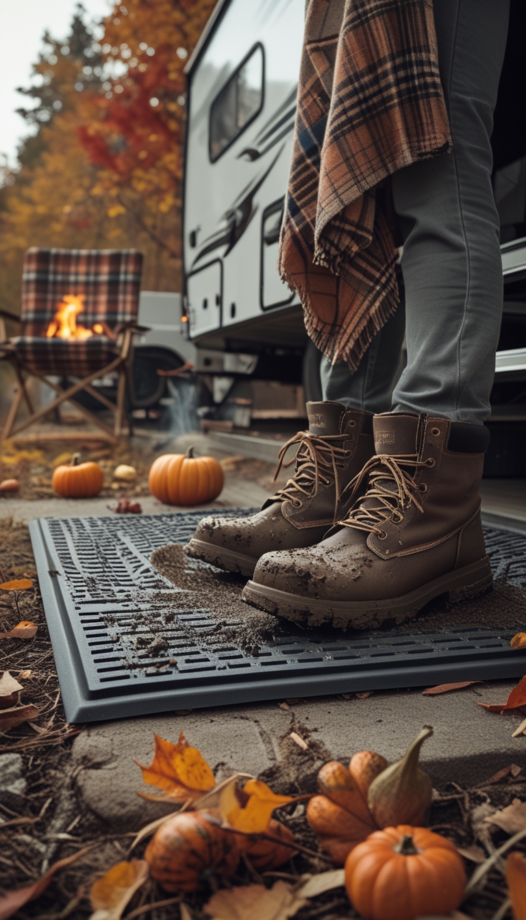 Outdoor scene showing an RV entrance with a heavy-duty steps mat catching mud from boots, surrounded by fall leaves and camping gear.