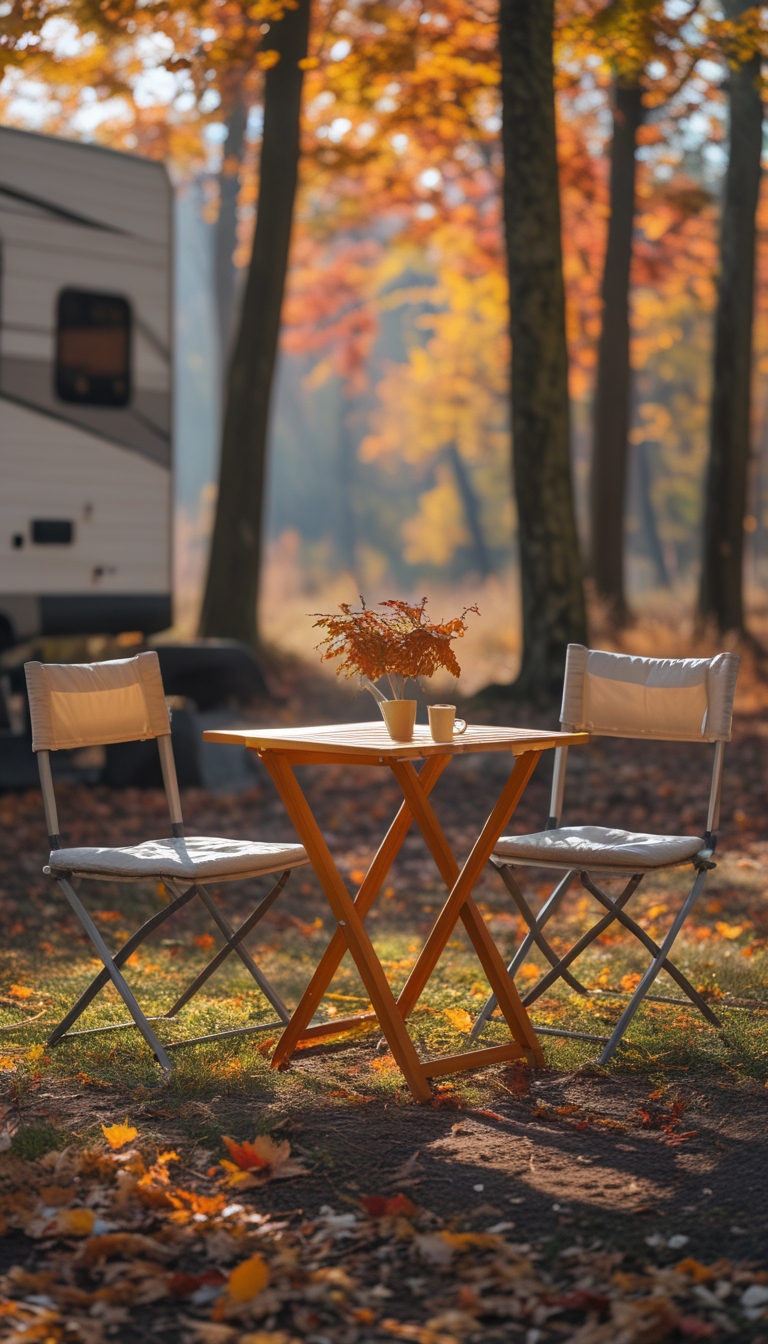 Folding wooden bistro table and two camping chairs set outdoors among autumn leaves with colorful fall trees in the background.