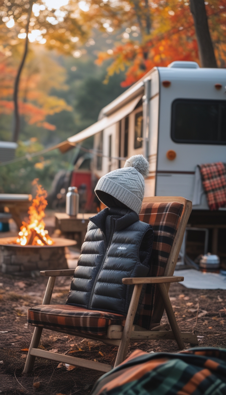 Packable down vest and knit beanie set displayed outdoors near a rustic RV at a fall campsite with colorful autumn trees and morning sunlight.