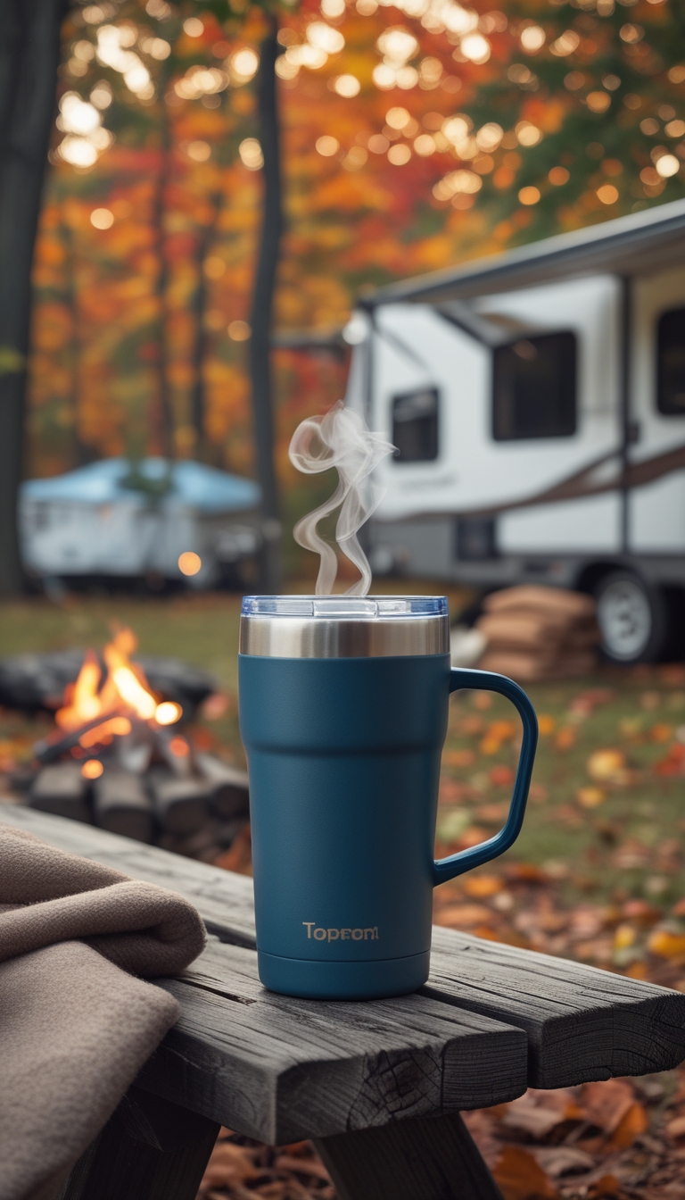 Thermal mug with spill-proof lid on a wooden table outdoors during fall, surrounded by autumn leaves and camping gear near an RV.