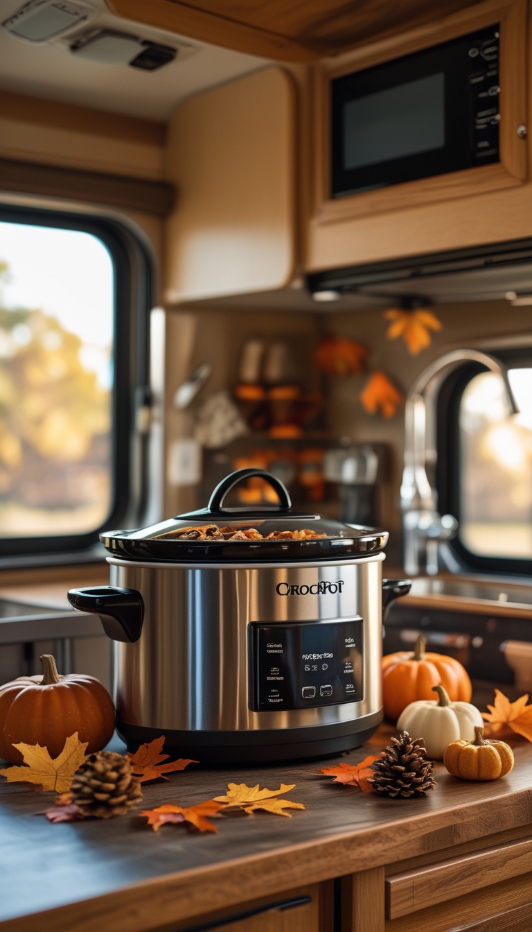 A crockpot slow cooker on a wooden countertop inside a cozy RV kitchen decorated with autumn leaves and pumpkins.
