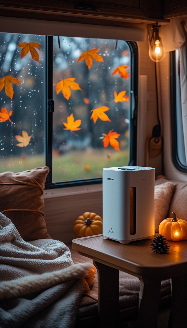 Cozy RV interior at night with a portable dehumidifier on a table and autumn leaves visible outside the window.