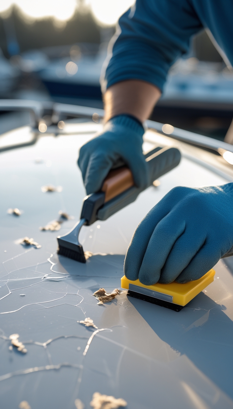 A person repairing chips and cracks on a boat hull using tools and protective gloves.