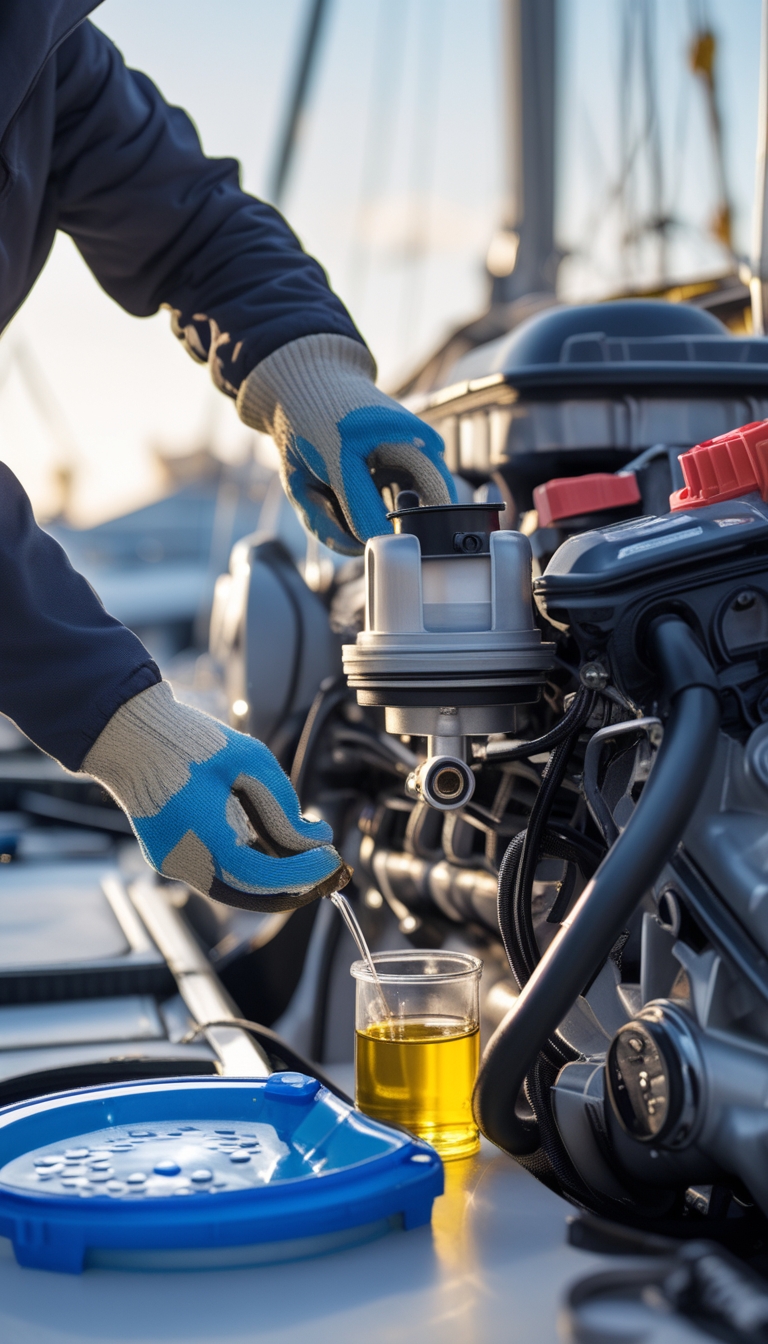 Close-up of hands changing engine oil and replacing the oil filter on a boat engine during winterization preparation.