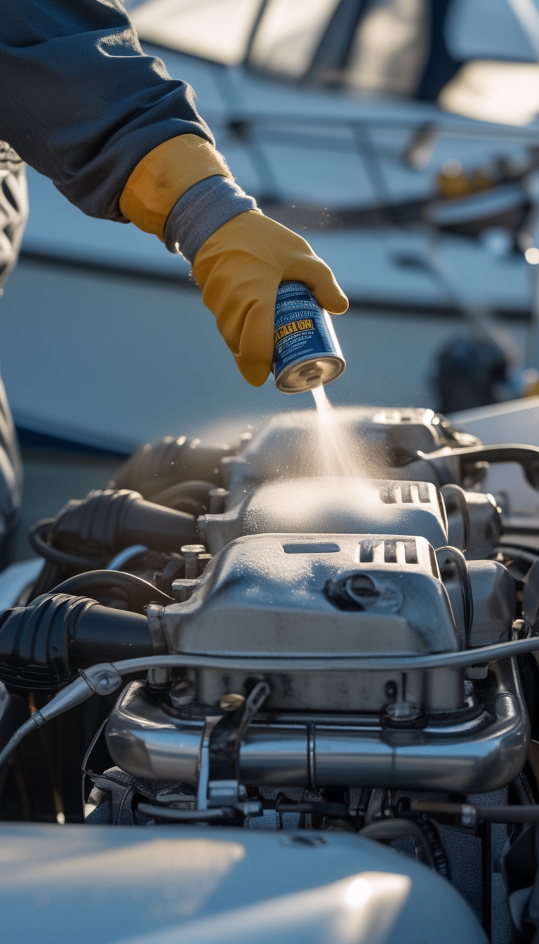 Person applying oil to a boat engine inside a workshop to prepare it for storage.