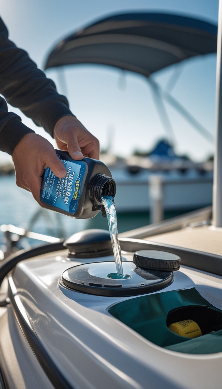 Person pouring marine fuel stabilizer into a boat's fuel tank at a marina.