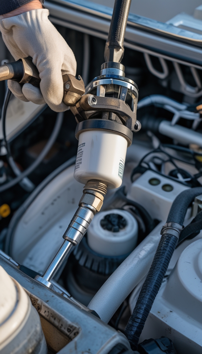 Close-up of hands replacing a fuel filter and inspecting fuel lines on a boat engine.