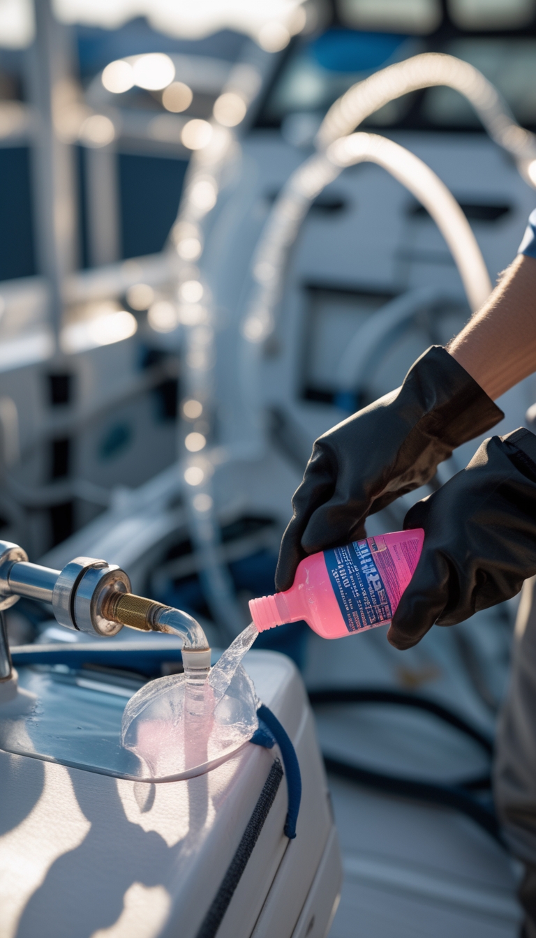 Hands pouring antifreeze into a boat's freshwater system hose during winterization preparation.