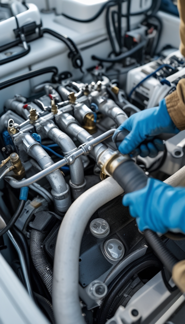 Close-up of a person pumping antifreeze through a boat's raw-water cooling system manifolds in the engine compartment.