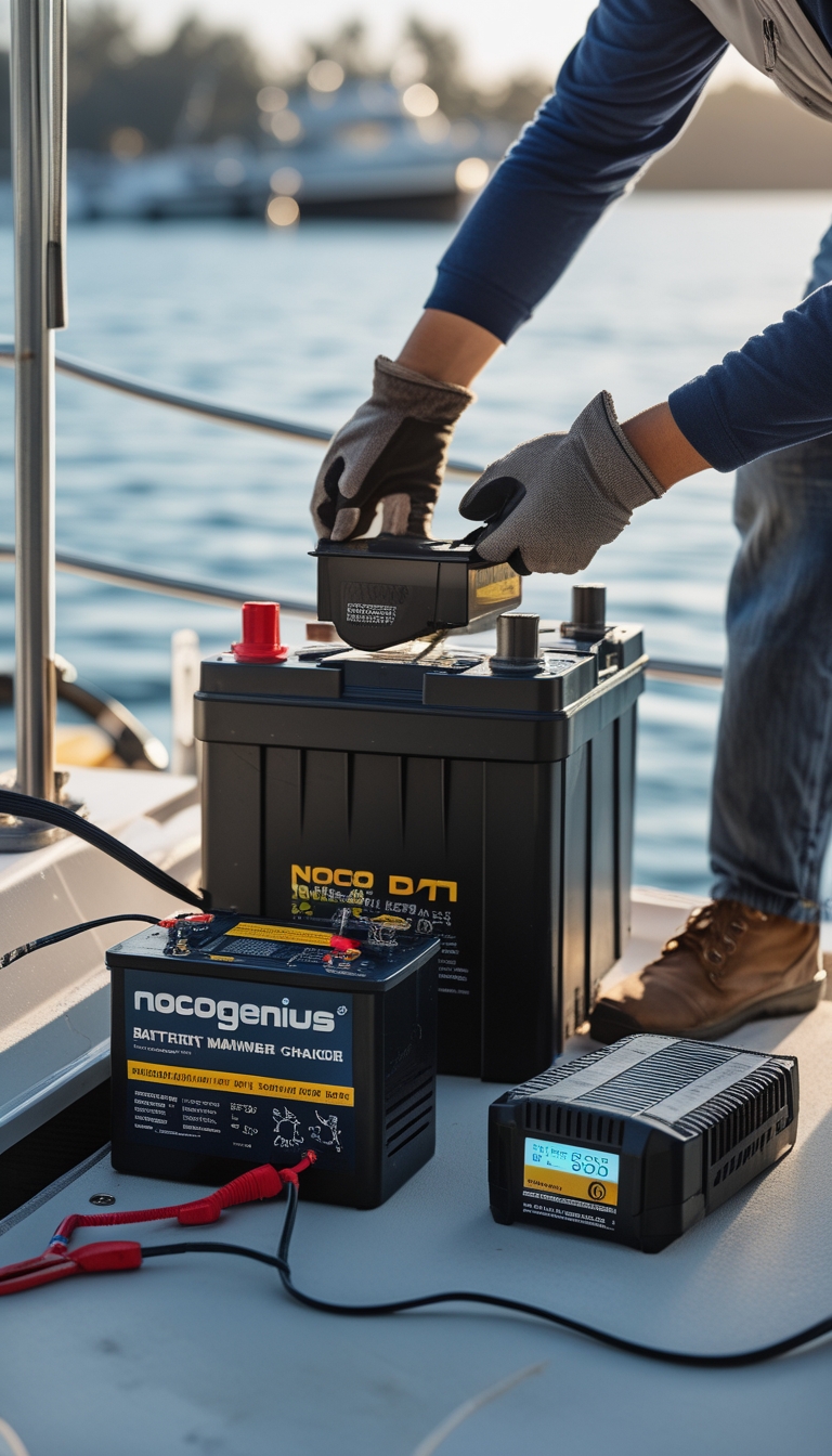 Person removing and charging a boat battery with a NOCO Genius maintainer at a marina.