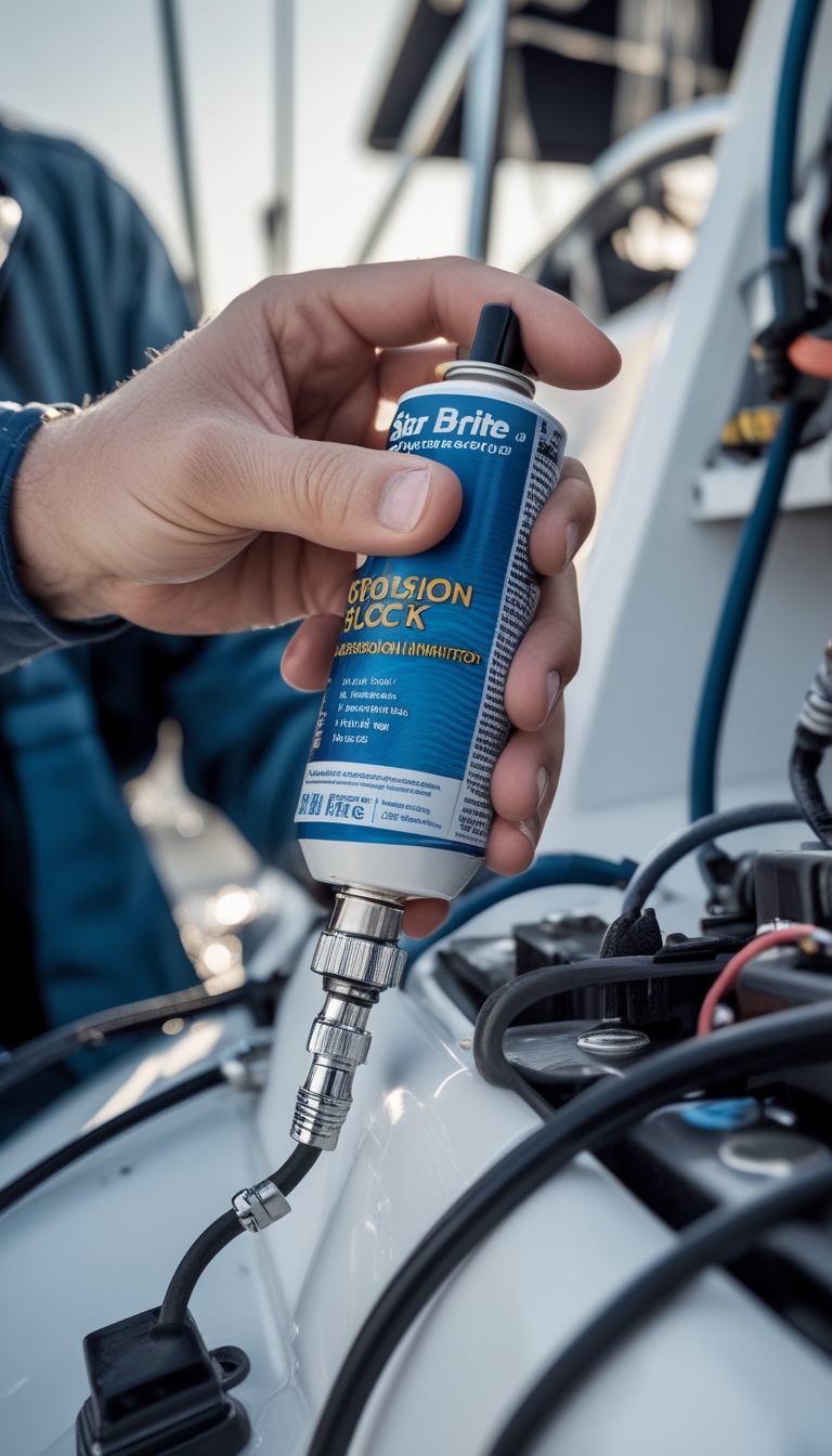 A person applying corrosion inhibitor to electrical connections on a boat engine during winterization preparation.