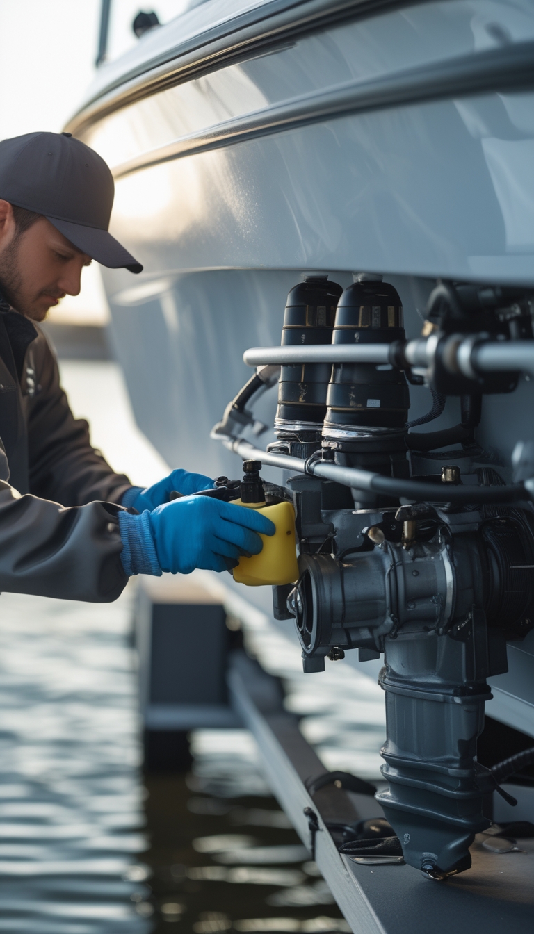 A person wearing gloves working on a boat's outboard lower unit, changing the gear oil as part of winter maintenance.