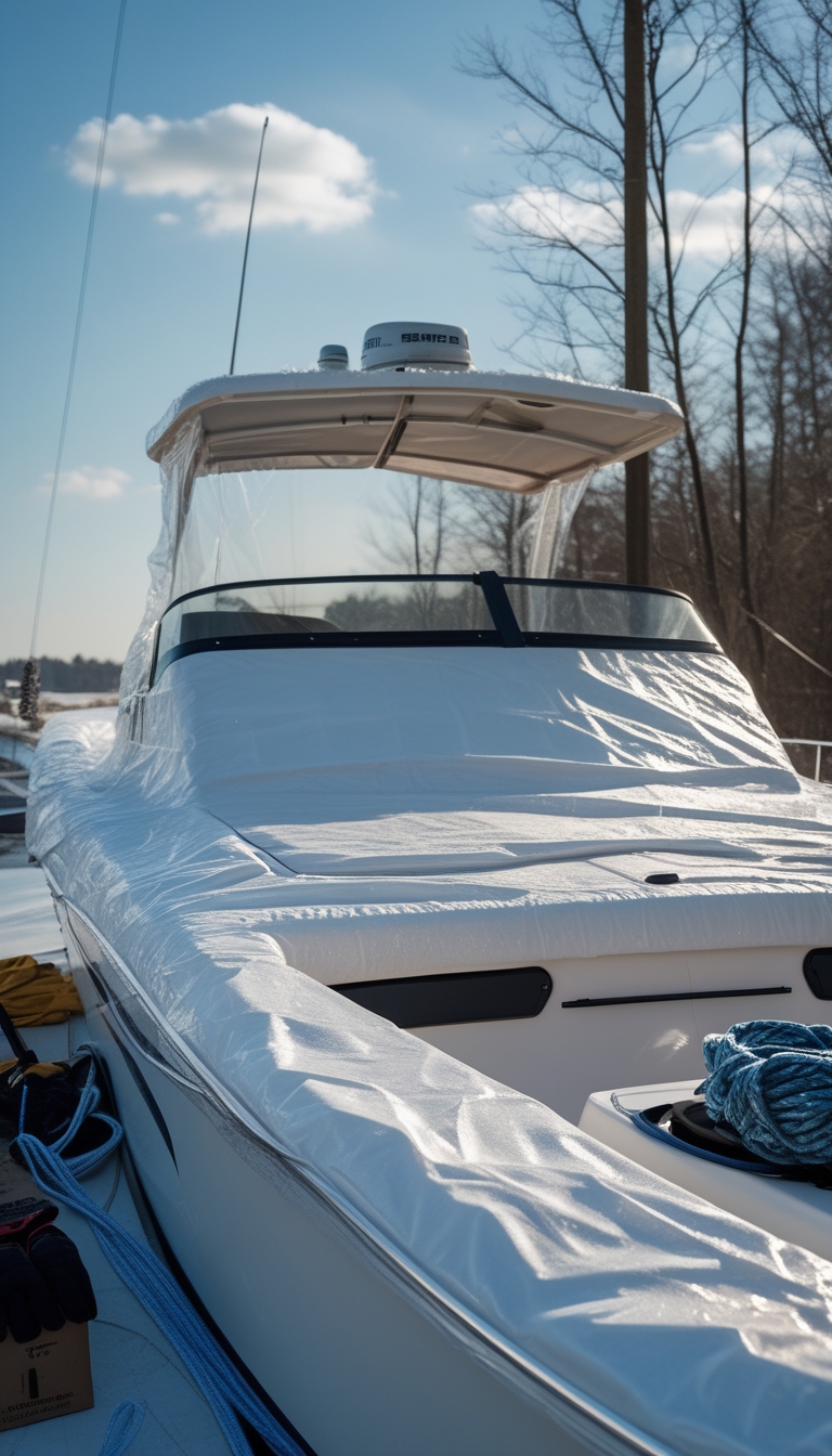 A boat outdoors wrapped in clear shrink-wrap with a SeaDek cockpit cover fitted, surrounded by winter preparation supplies.