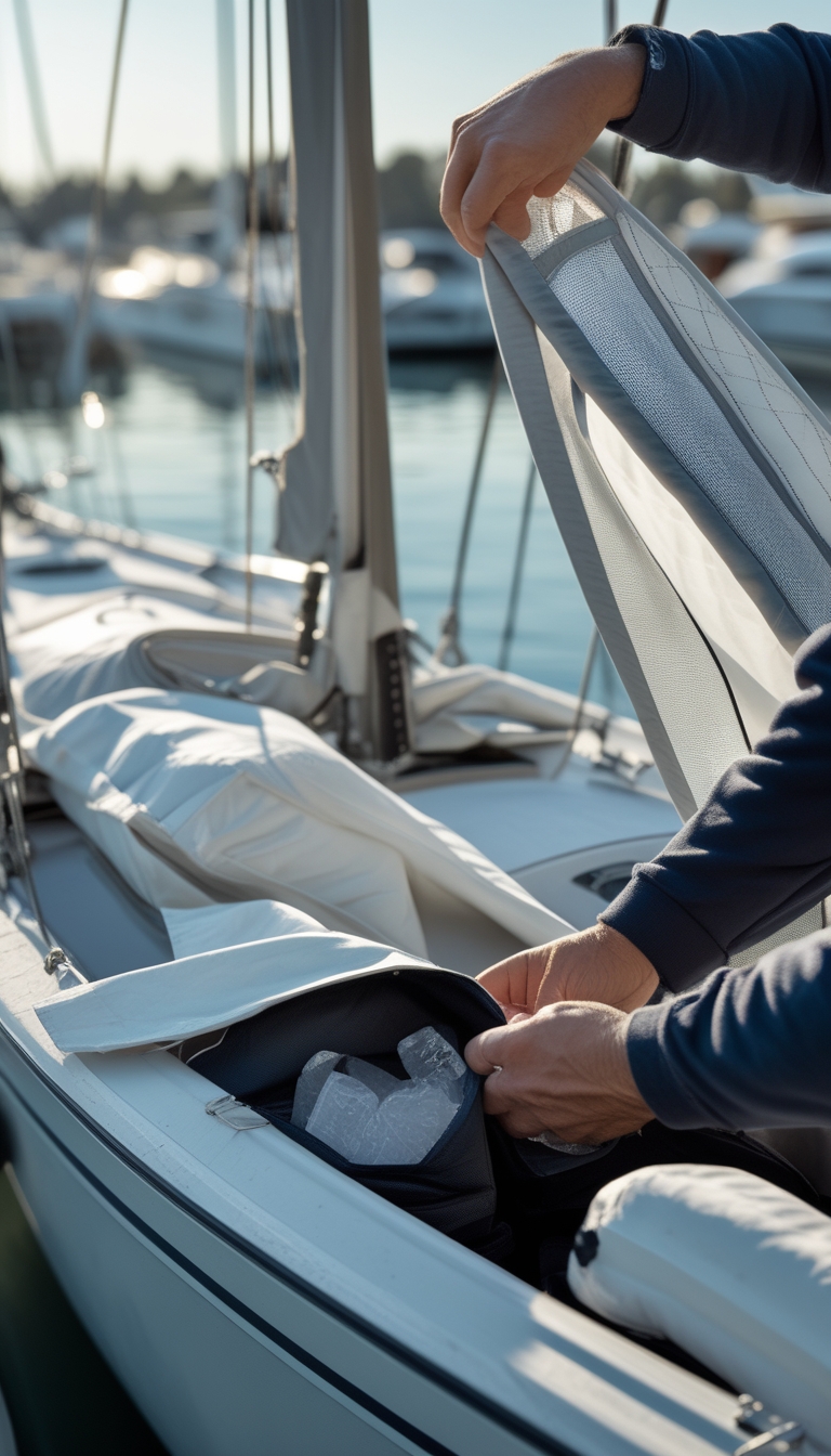 Person removing sails, canvas covers, and cushions from a boat and placing them into breathable storage bags with silica gel at a marina.
