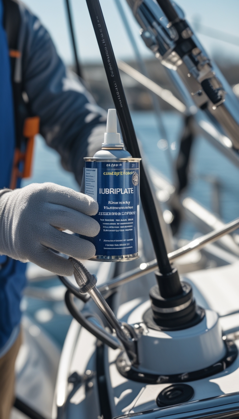 Close-up of a person lubricating boat steering cables and control linkages with marine lubricant.