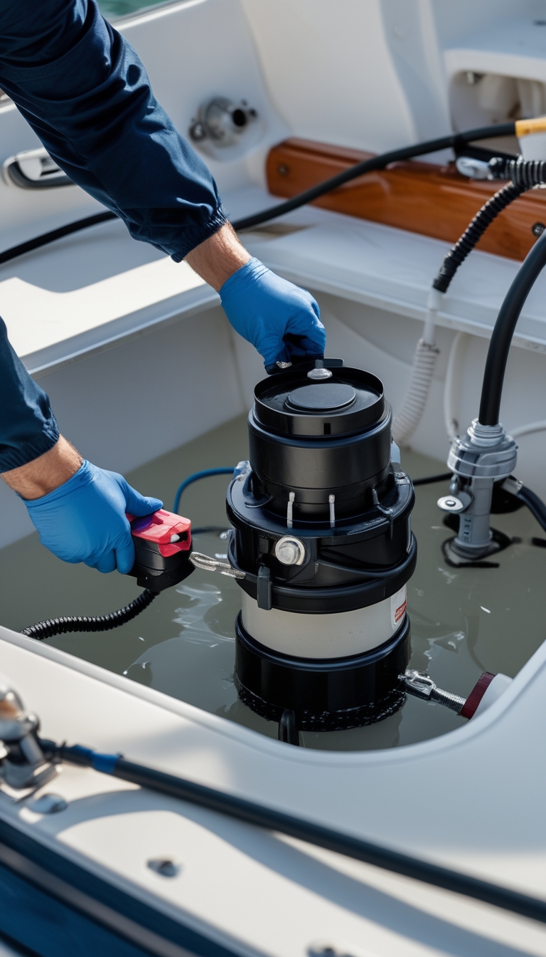 A person testing an automatic bilge pump and installing a bilge pump float switch inside a clean boat bilge area.