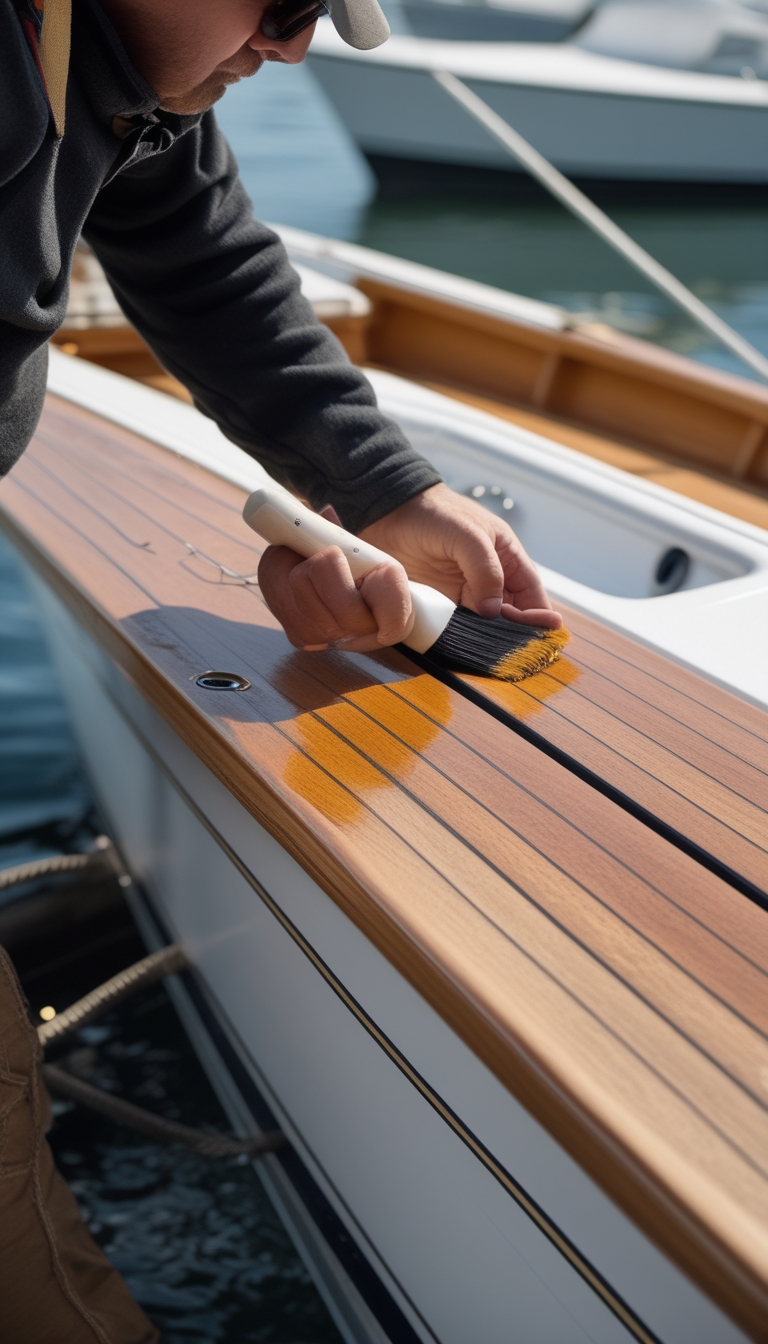 A person applying varnish to wood trim on a boat outdoors near a marina.