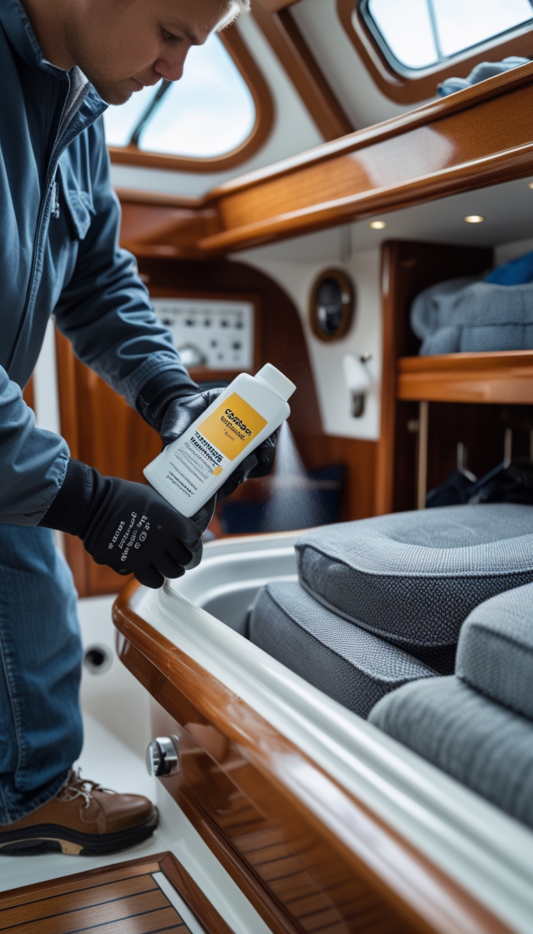 Person spraying mold and mildew inhibitor onto fabrics inside a boat cabin and bilge area.