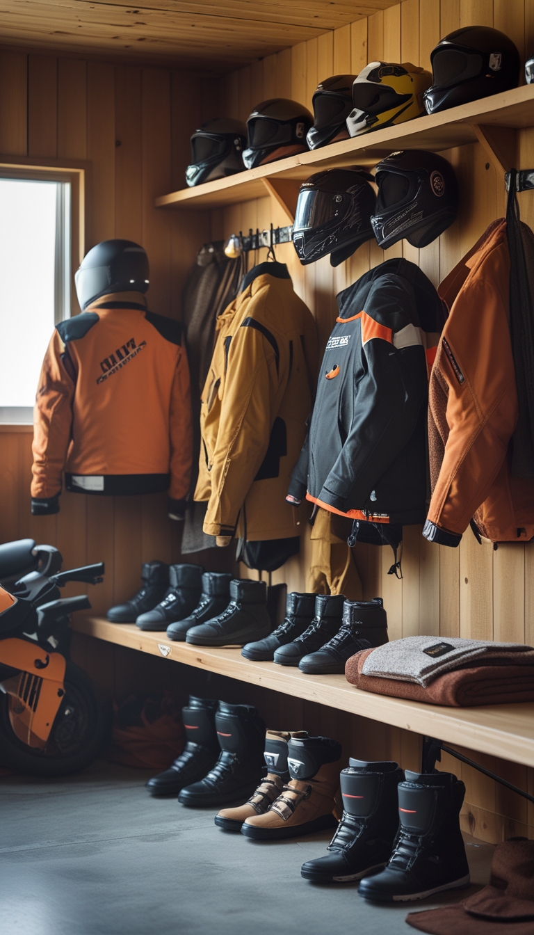A storage area with autumn-colored motorcycle helmets, jackets, gloves, and boots neatly arranged on shelves and hooks.