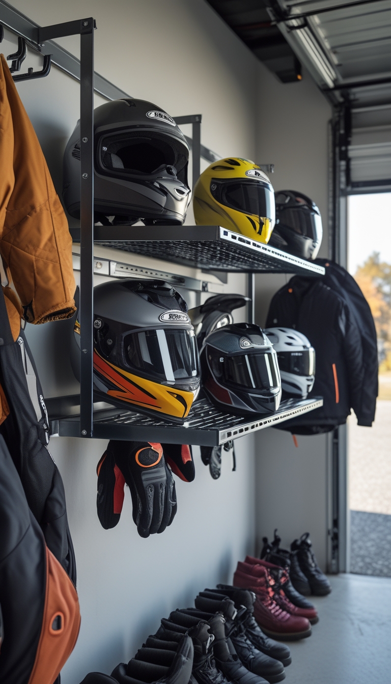 A wall-mounted heavy-duty steel shelf holding several motorcycle helmets with autumn riding gear organized nearby in a clean storage space.