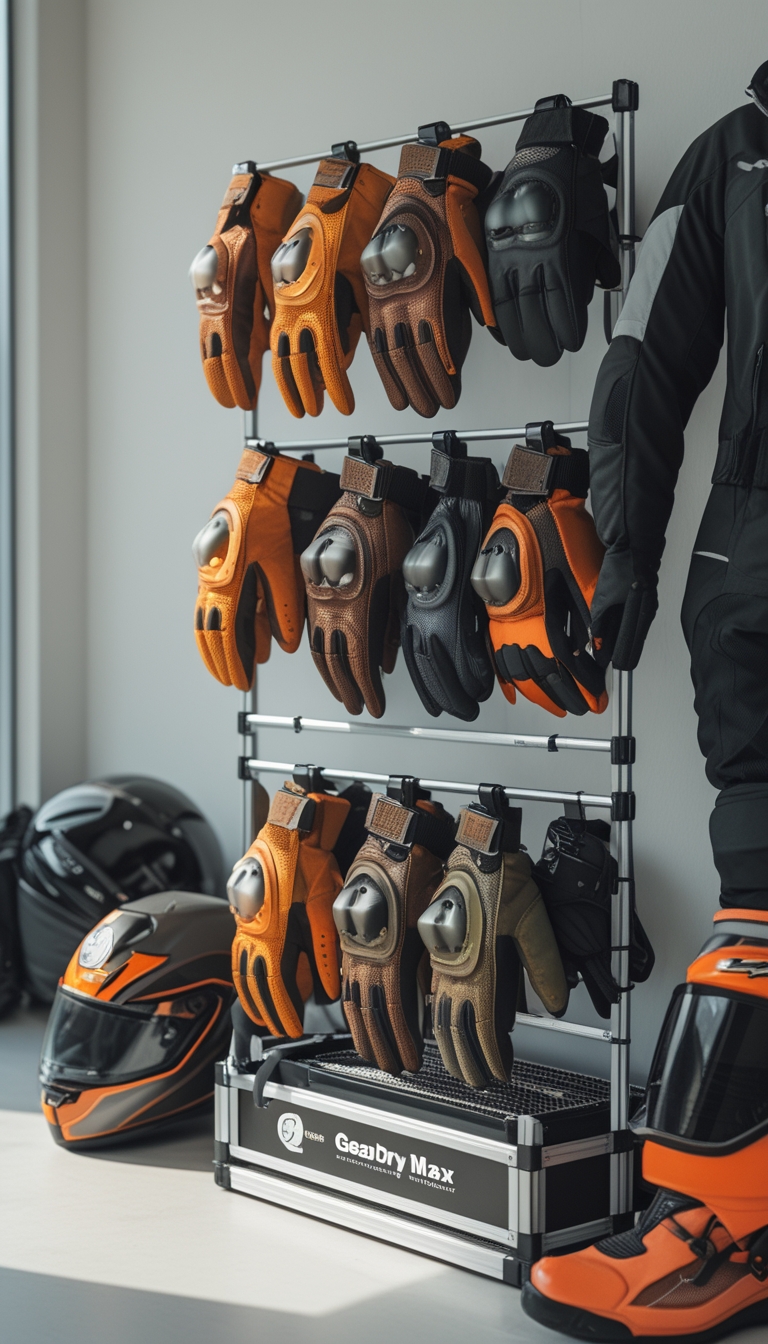 A gloves drying rack with clips holding multiple pairs of motorcycle gloves in an indoor setting with autumn motorcycle gear nearby.