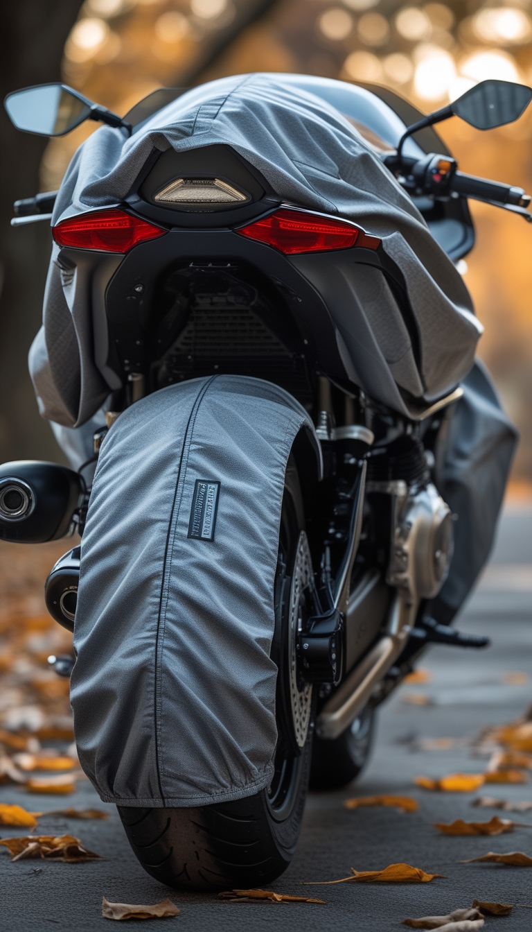 A motorcycle covered with a breathable weather-resistant fabric cover outdoors in autumn with fallen leaves around.