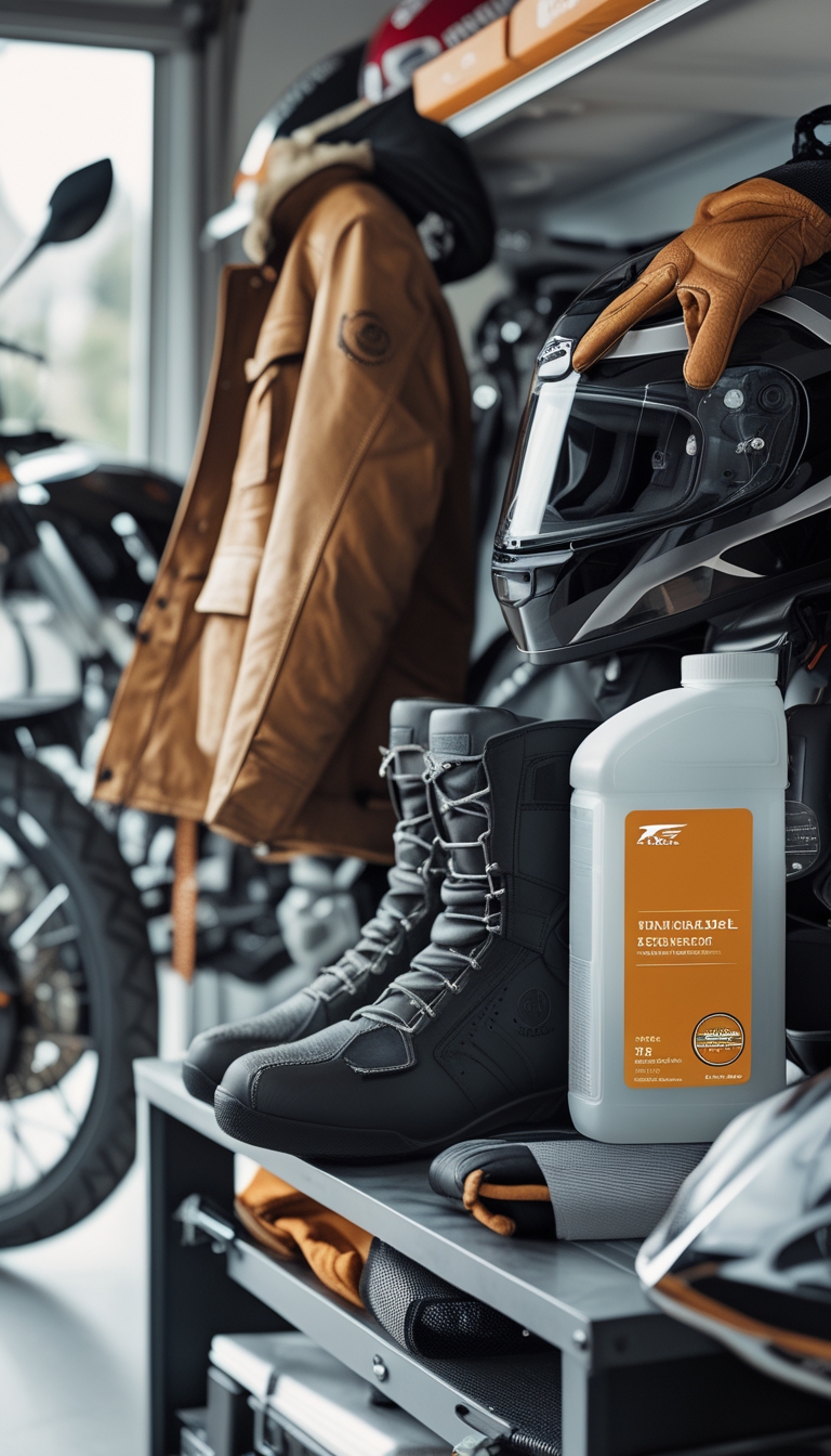 A motorcycle parked in a garage with autumn riding gear like a jacket, helmet, gloves, and boots neatly stored nearby along with a bottle of fuel stabilizer.