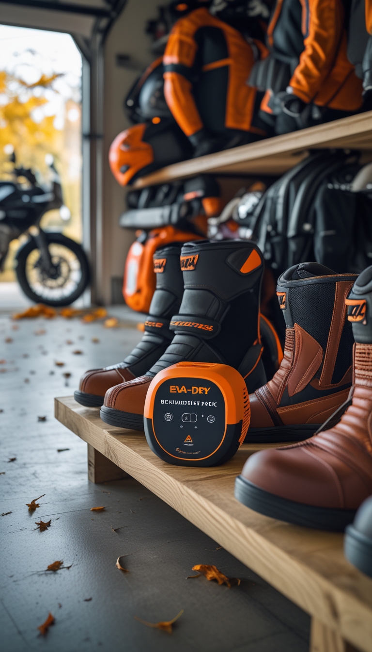 A garage shelf with an Eva-dry dehumidifier puck next to neatly stored motorcycle riding gear and a motorcycle parked nearby with autumn leaves visible.