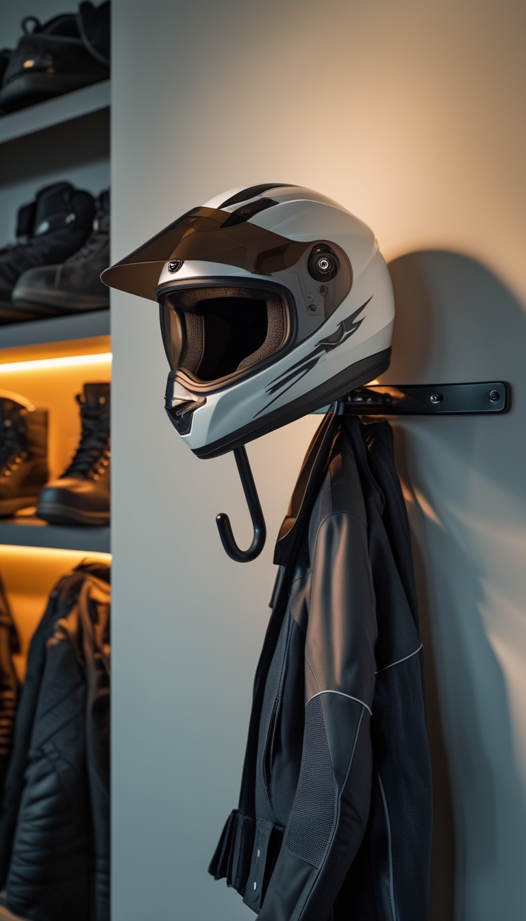 A motorcycle helmet hanging on a wall-mounted helmet hook with motorcycle gear stored nearby.
