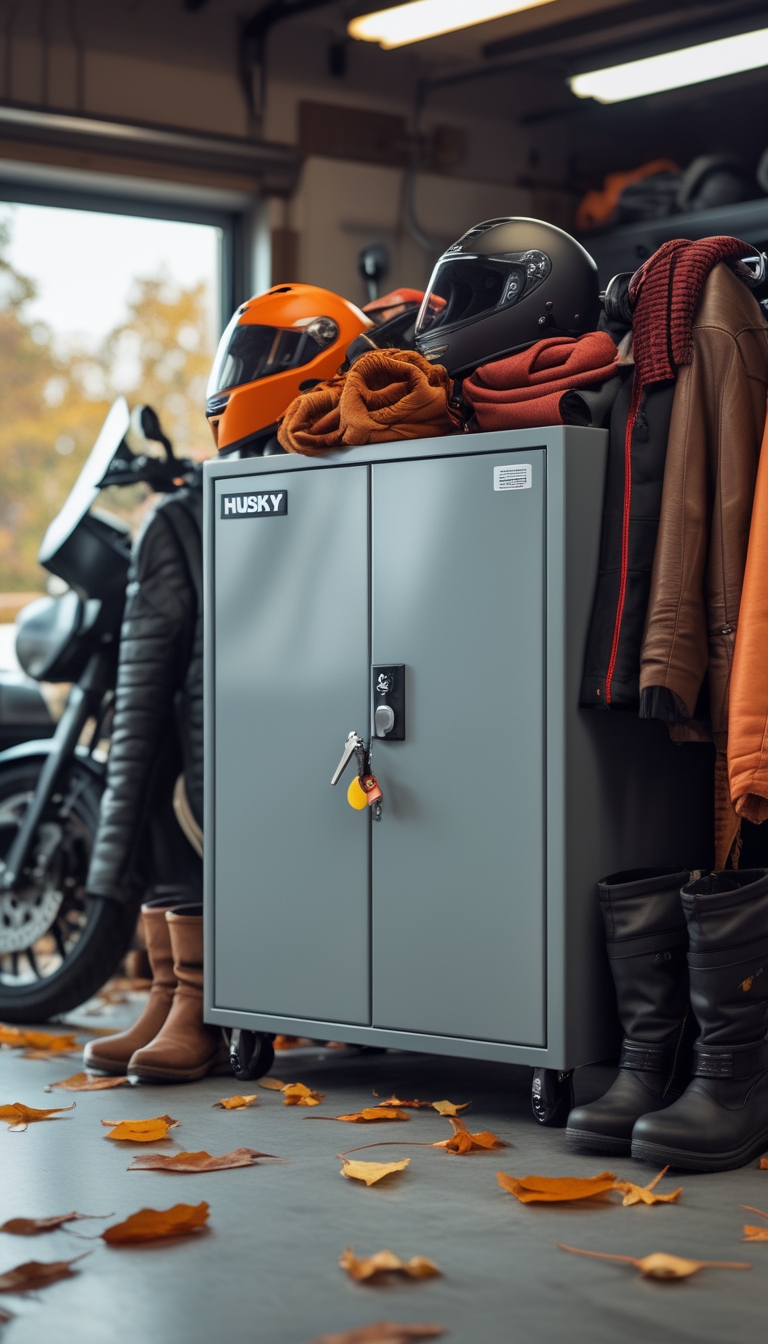 A lockable steel cabinet in a garage surrounded by autumn motorcycle riding gear including helmets, jackets, gloves, and boots.