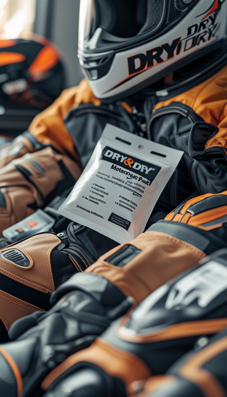 Silica gel packs placed next to autumn motorcycle riding gear including a helmet, gloves, jacket, and boots in a storage area.