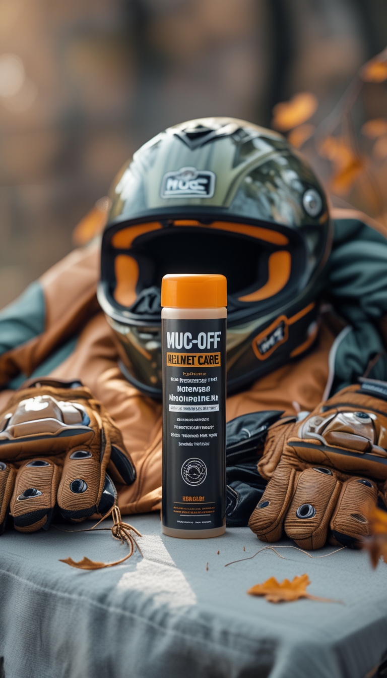 A motorcycle helmet care kit displayed with autumn motorcycle gloves, jacket, and helmet on a neutral surface.