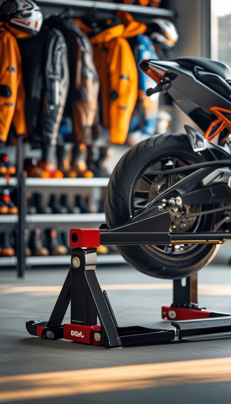 A motorcycle rear stand holding up a motorcycle in a garage with autumn motorcycle riding gear stored in the background.