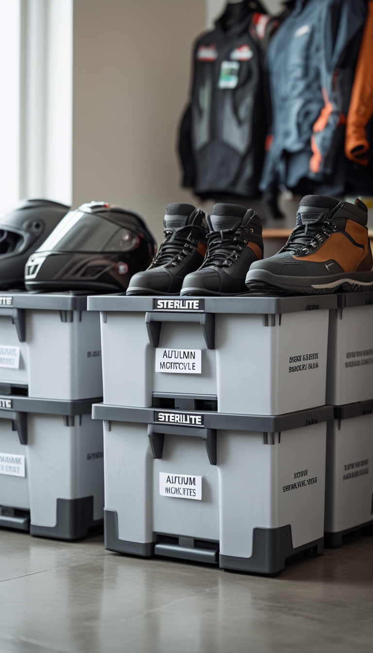 A set of labelled storage totes arranged neatly indoors containing autumn motorcycle riding gear such as helmets, gloves, jackets, and boots.