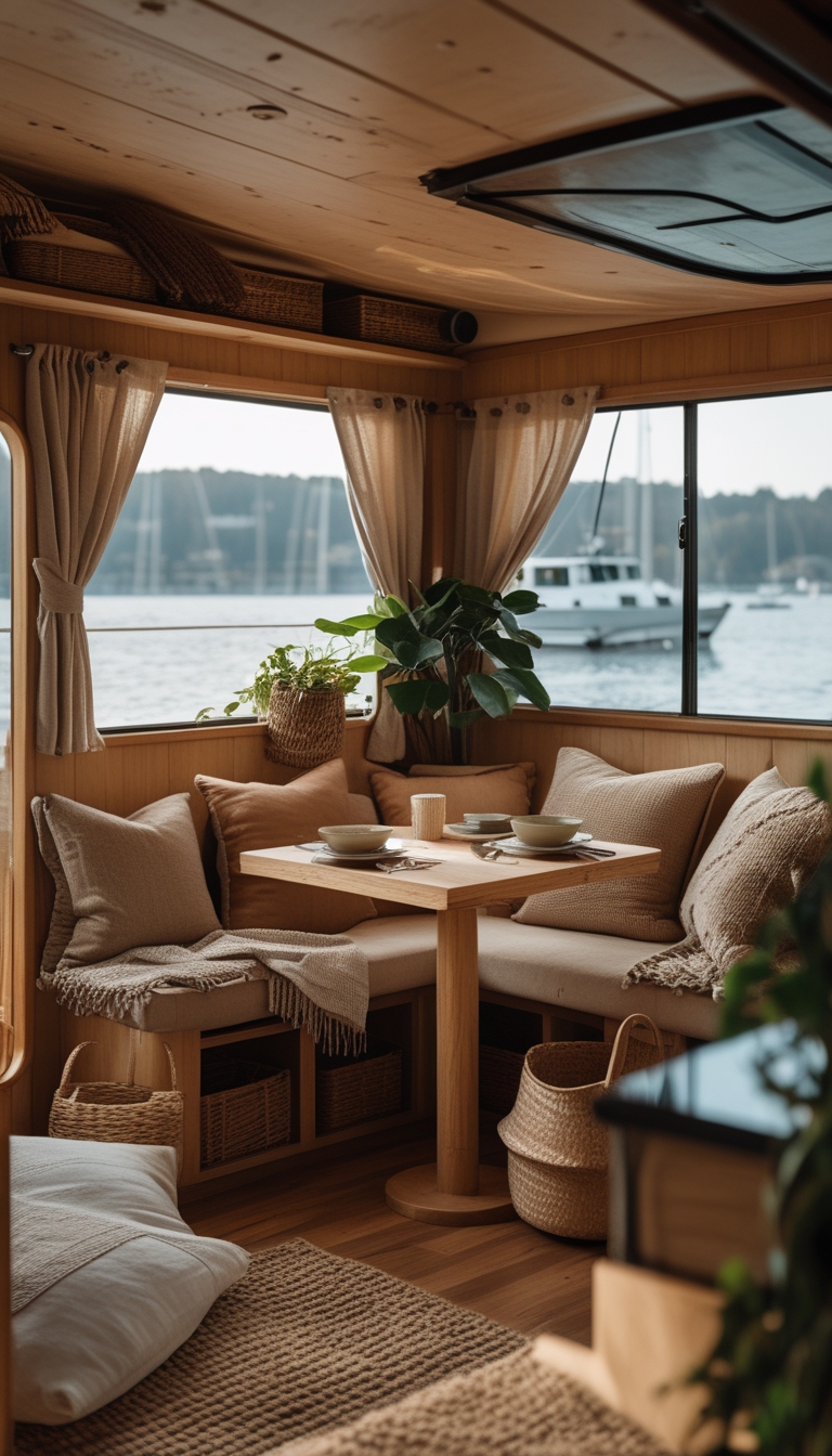 Interior of a cozy houseboat with wooden walls, comfortable seating, a small dining table, plants, and large windows showing water outside.