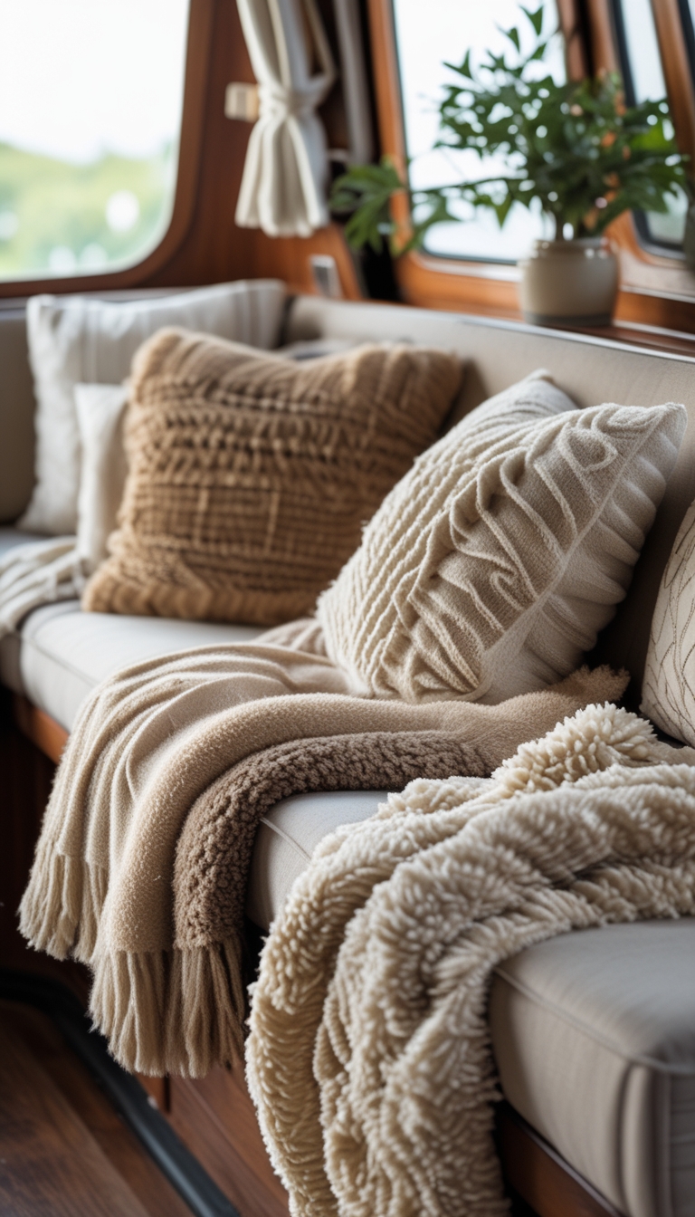 A cozy houseboat interior with layered wool and faux-shearling throws on a wooden bench near large windows letting in natural light.