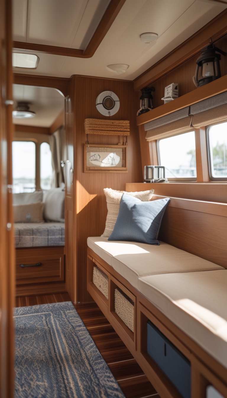 Interior of a houseboat with built-in wooden bench seating that has hidden storage compartments, soft cushions, and natural light coming through large windows.