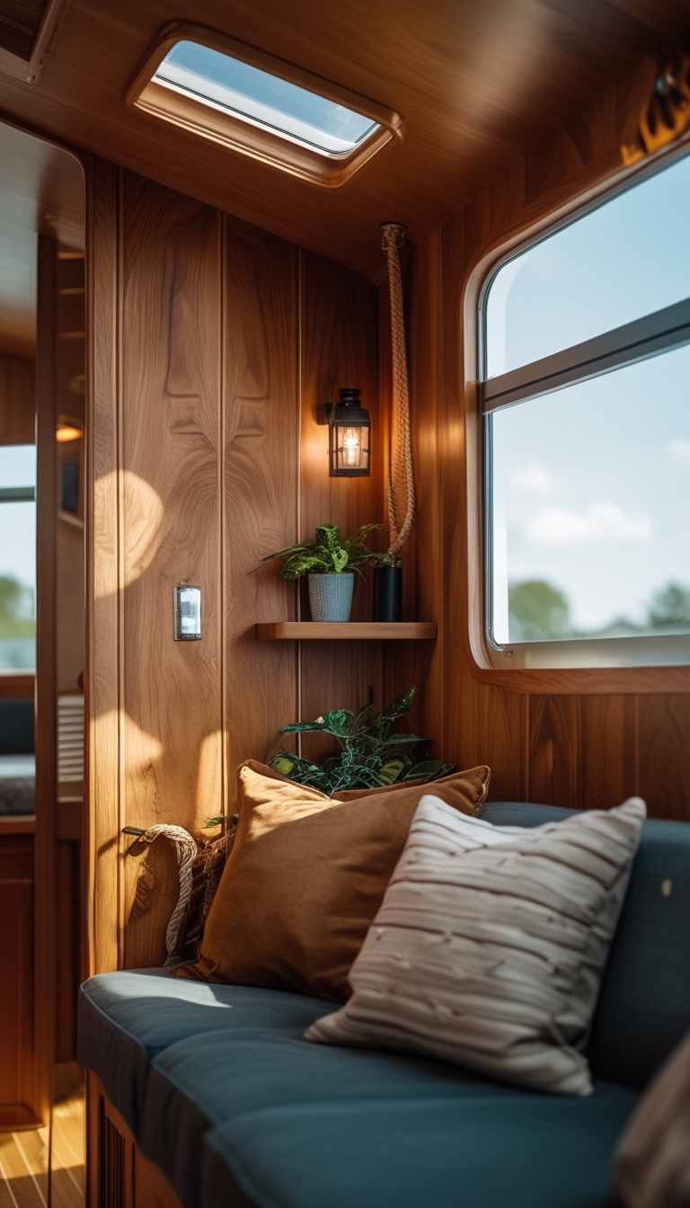 Interior of a houseboat with warm oak wood paneling, comfortable seating, and natural light coming through large windows.