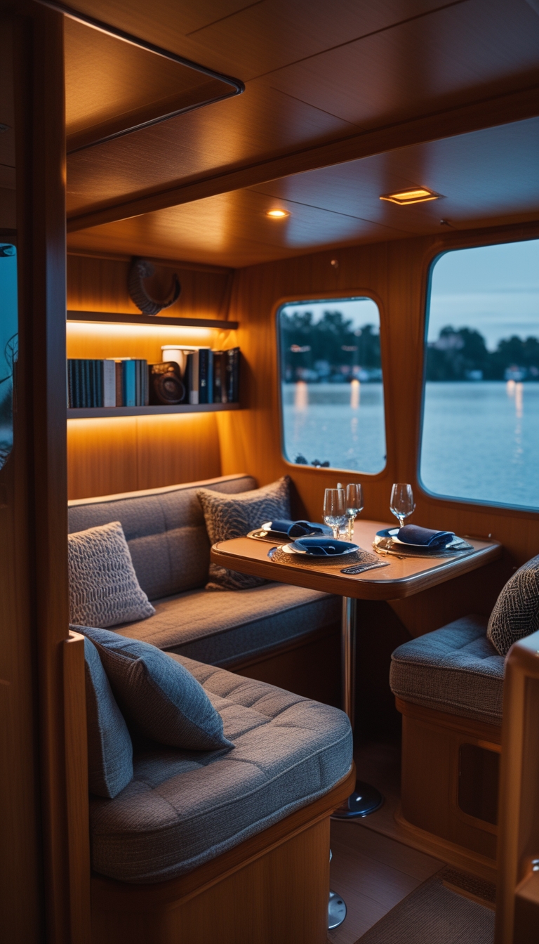 Interior of a cozy houseboat cabin lit by warm amber lighting, showing a sofa, wooden furniture, and windows overlooking calm water.