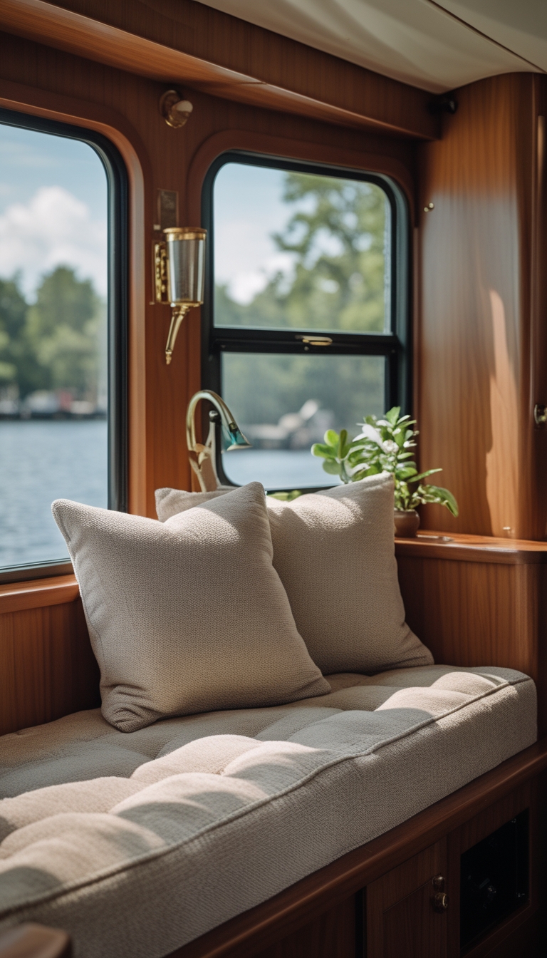 A cozy window seat with a thick cushion inside a warm houseboat interior with wooden walls and large windows letting in natural light.
