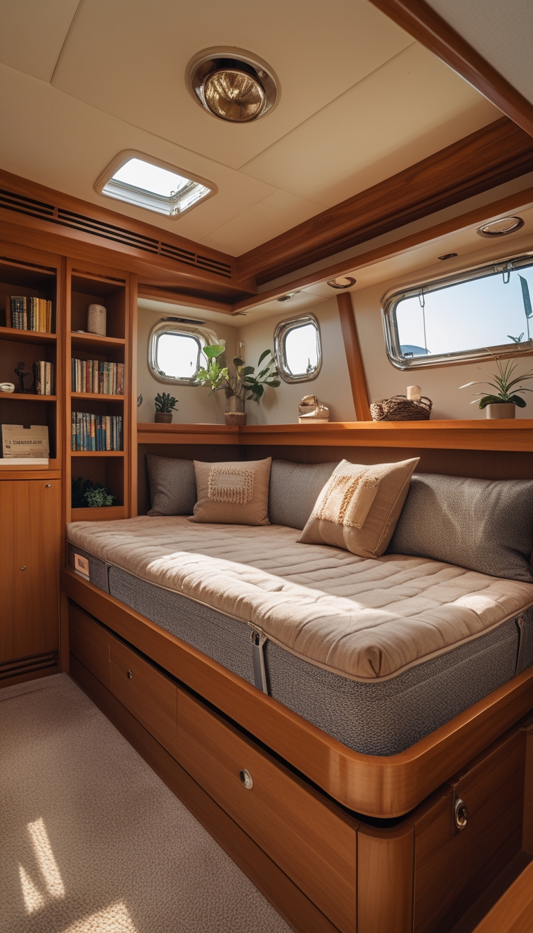 A compact Murphy bed folded down with integrated shelving filled with books and plants inside a warm and cozy houseboat interior.