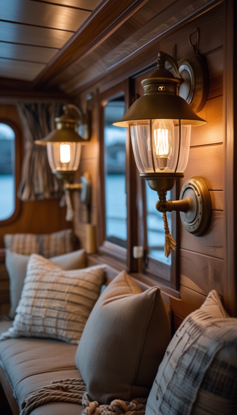 Warmly lit interior of a houseboat showing brass wall sconces on a wooden wall above a cozy seating area.