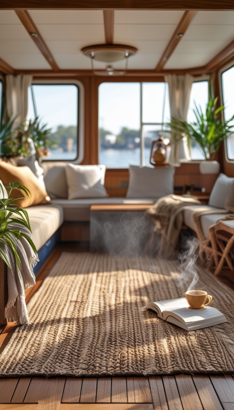 Interior of a cozy houseboat with a textured rug on the wooden floor, comfortable seating, and natural light coming through large windows.