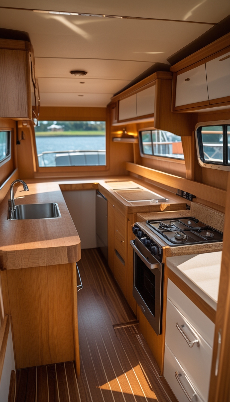 A compact kitchen inside a houseboat with wooden countertops, cabinets, and small windows showing water outside.