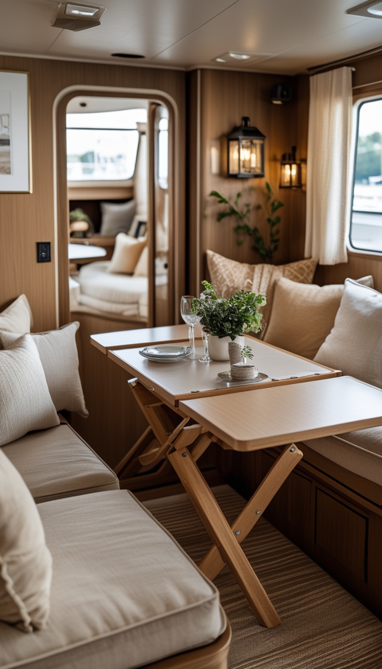 A cozy houseboat interior with a folding dining table partially unfolded, surrounded by cushioned chairs and warm lighting.