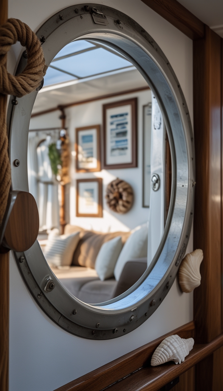 Interior of a houseboat with a round porthole window framing a gallery wall of coastal prints and warm, cozy furnishings.