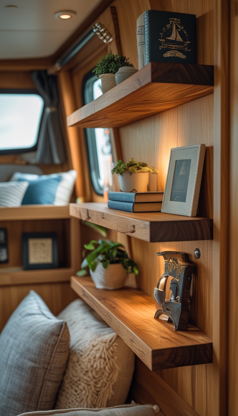 Interior of a cozy houseboat with wooden floating shelves holding plants and books, bathed in natural light.
