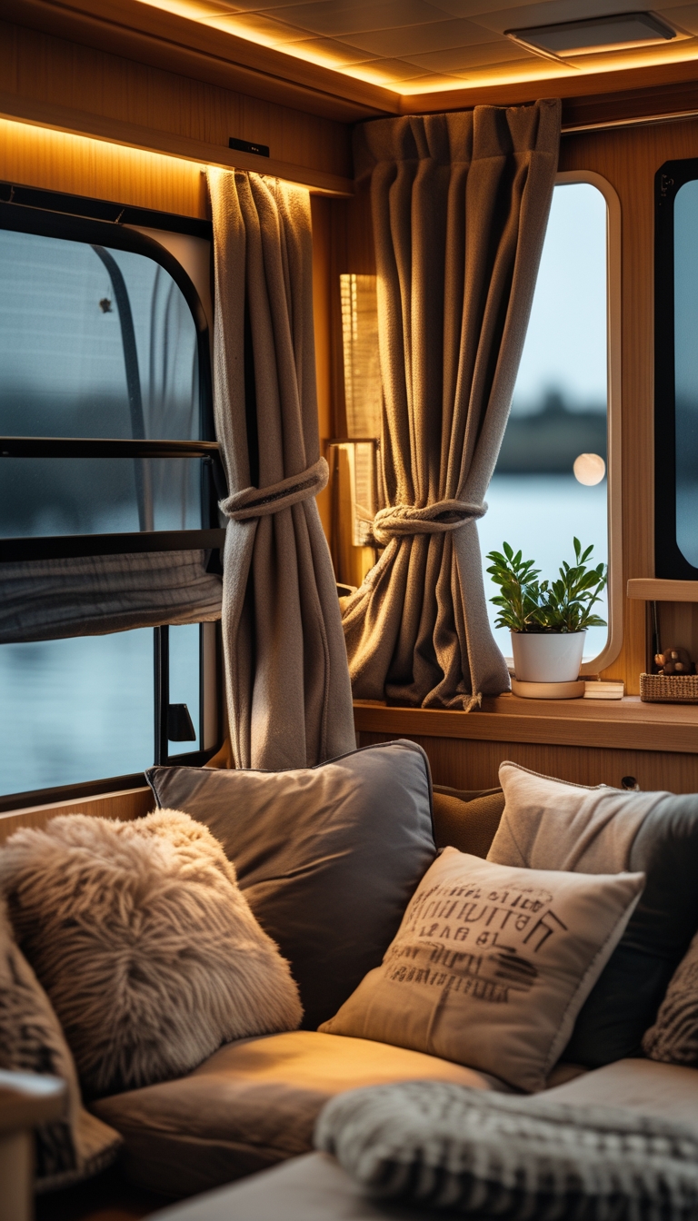 Interior of a cozy houseboat with wooden walls, a comfortable seating area, and thick blackout curtains covering the windows.
